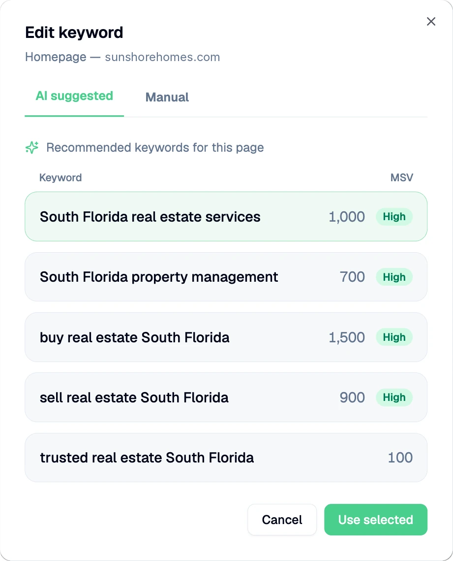 AI-suggested target keywords for a page, each with its monthly search volume