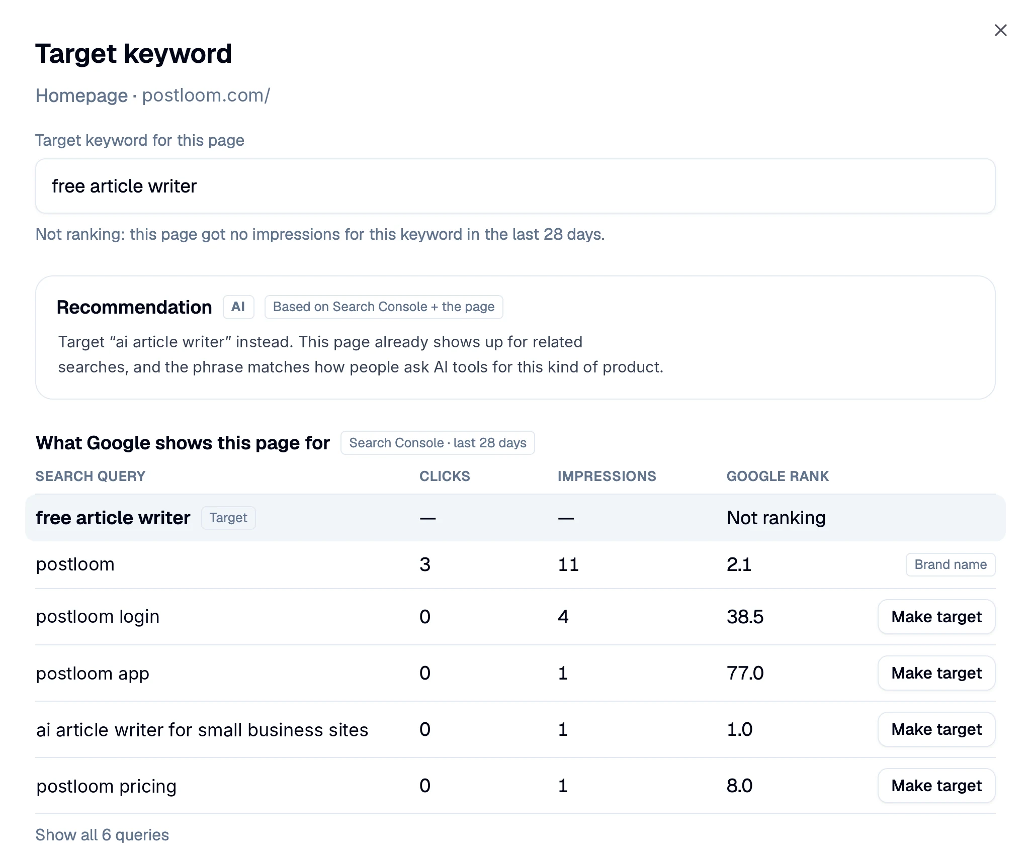 Search Console queries for a client page with clicks, impressions, and Google rank