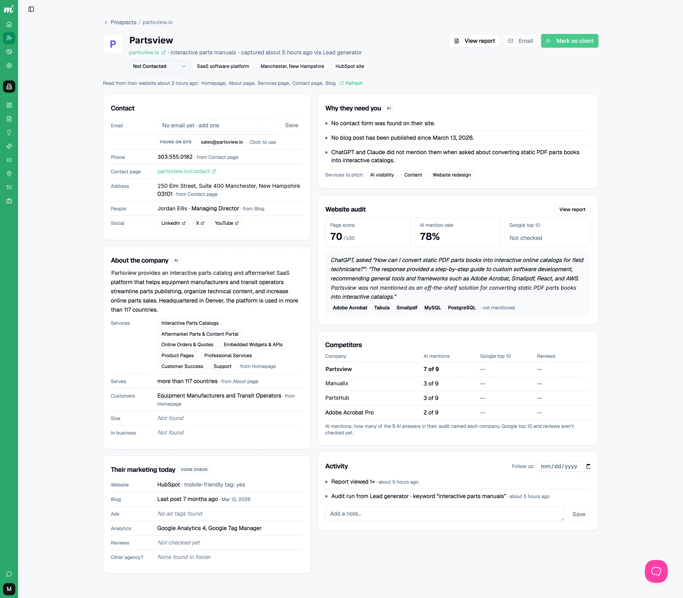 Lead profile with contact details, company summary, website audit, and services to pitch