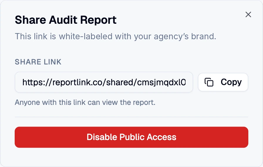 Share audit report window with a white-label link, a copy button, and a switch to turn off public access
